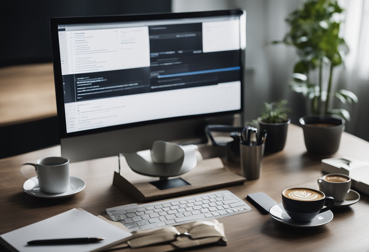 A computer screen displaying different types of digital copywriting, surrounded by a notebook, pen, and coffee mug