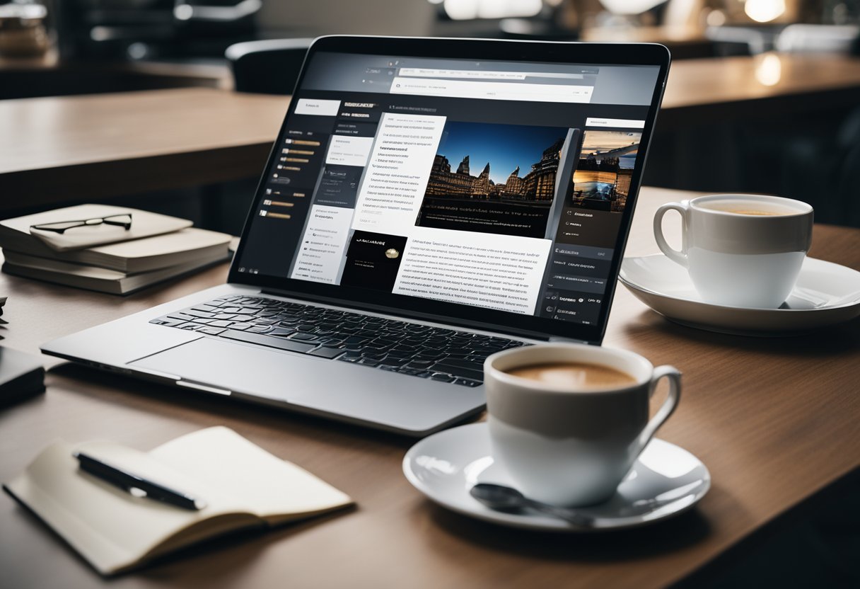 A laptop surrounded by books, with a pen and notepad nearby. A cup of coffee sits next to the laptop