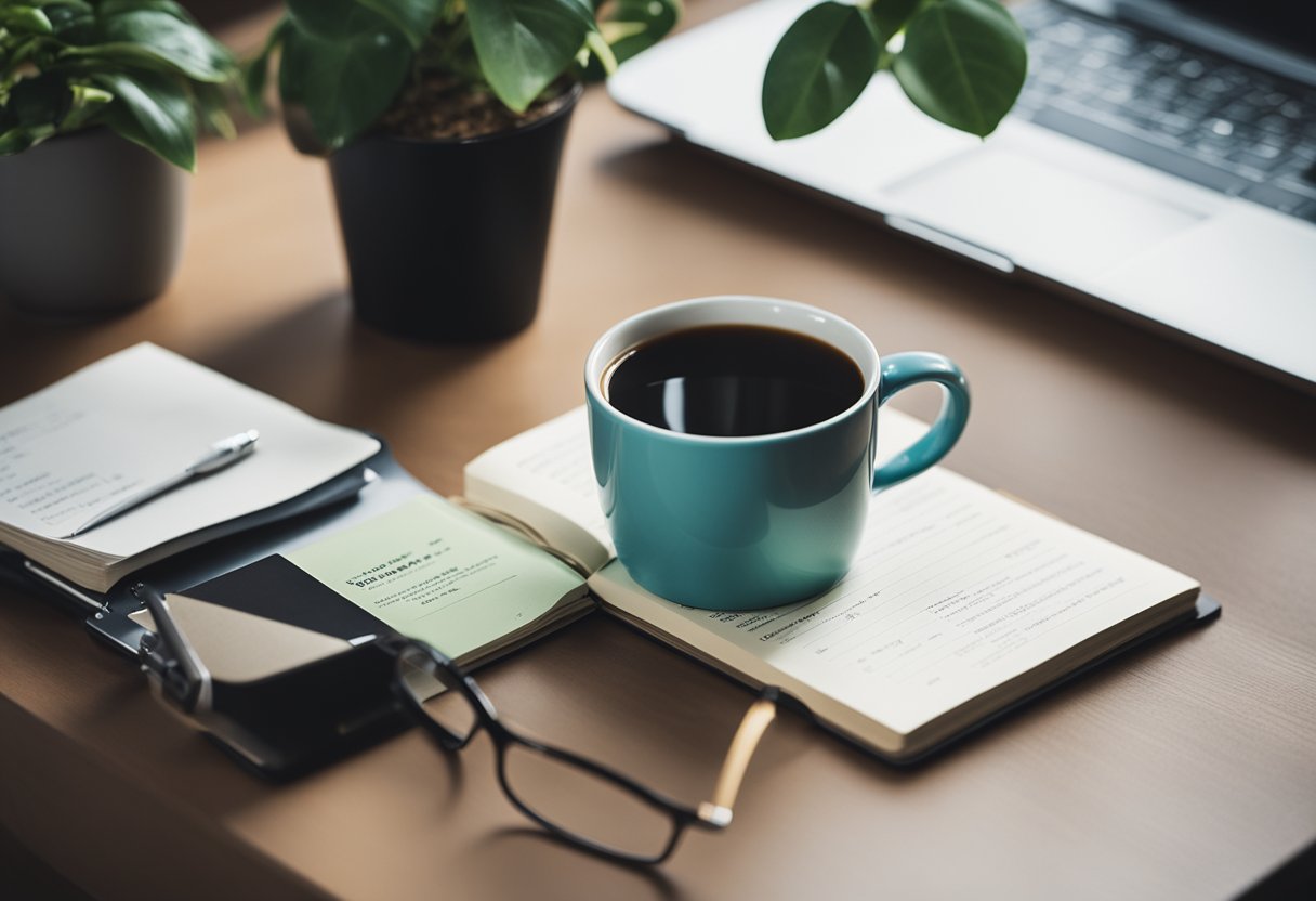 a coffee in a tea cup on a notepad