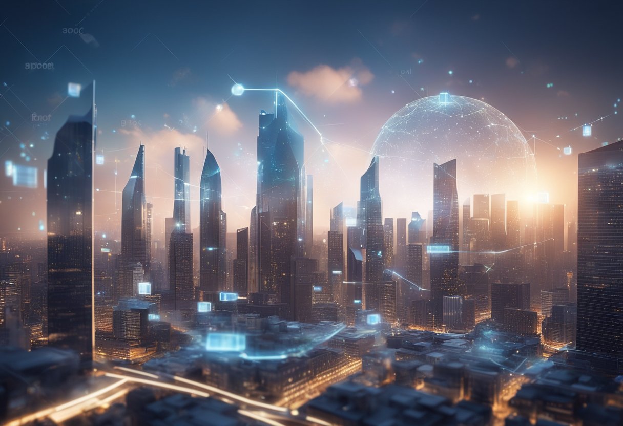 A futuristic city skyline with holographic AI marketing tools and data visualizations floating in the air