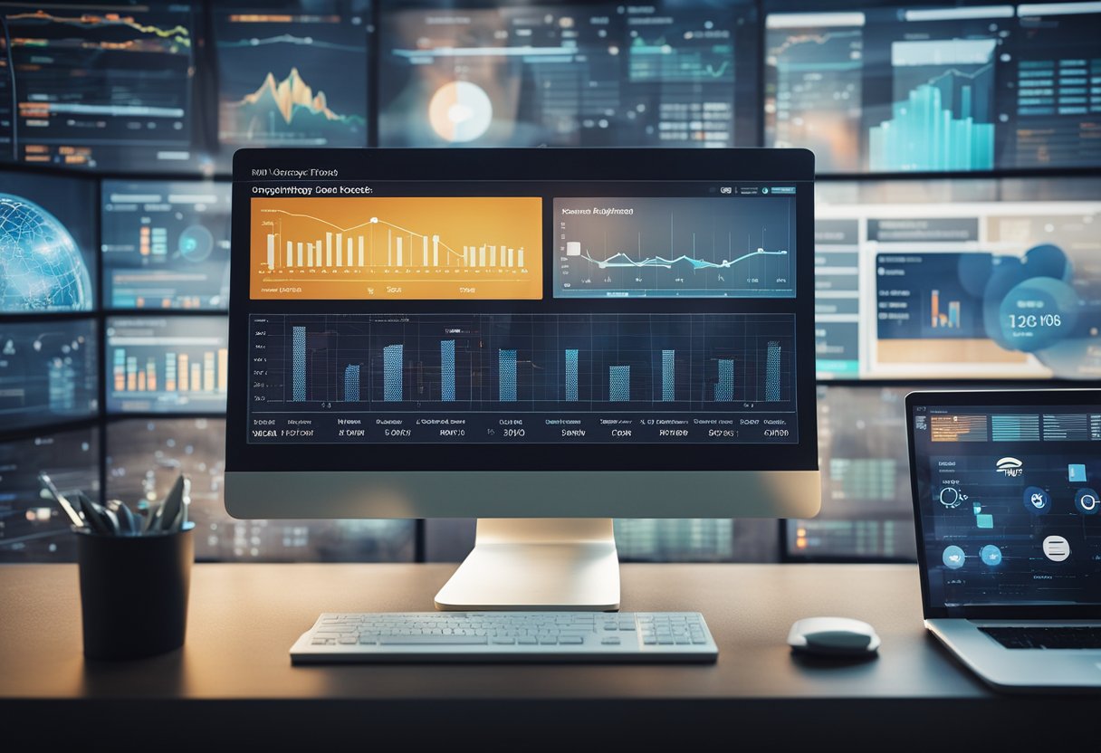 A computer screen displaying various AI marketing tools with data analytics charts and graphs in the background