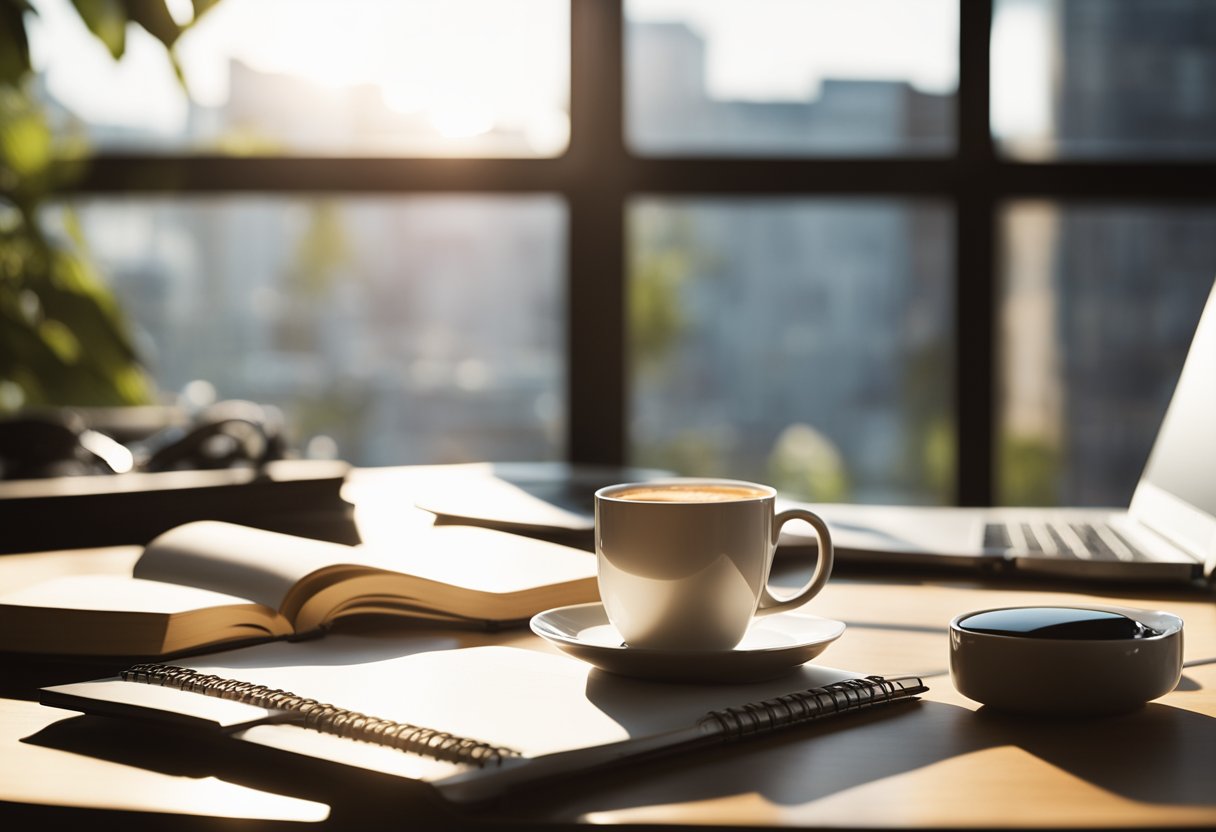 A cluttered desk with a laptop, notepad, and pen. A stack of books on copywriting. A mug of coffee. Sunlight streaming through a window onto the workspace