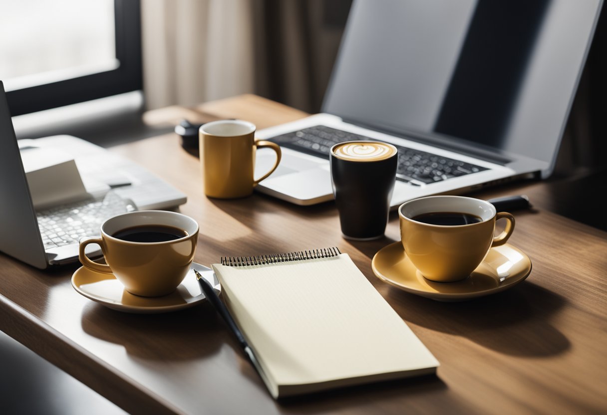 A desk with a laptop, notepad, and pen. Surrounding the desk are books on copywriting and marketing. A cup of coffee sits nearby