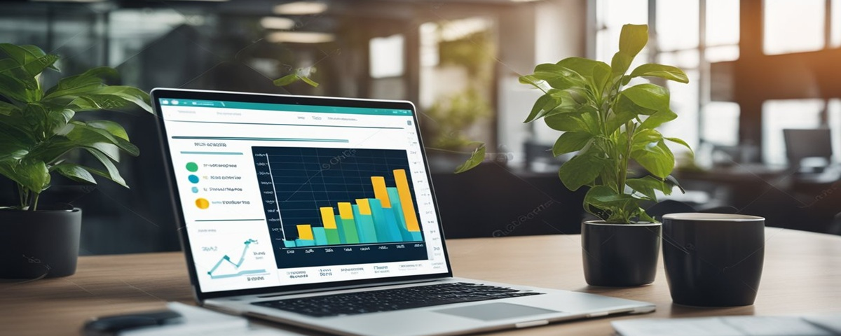 An office desk with a laptop, plant, and charts. A graph showing growth trends. Business logo on the laptop screen